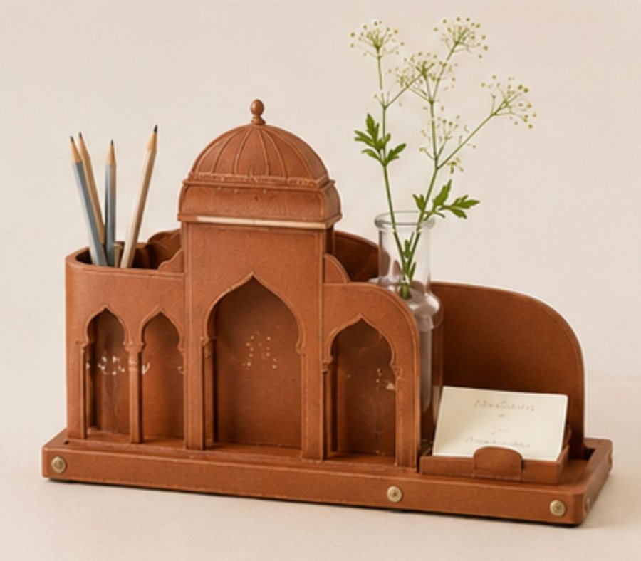 Hawa Mahal desk organiser in terracotta leather