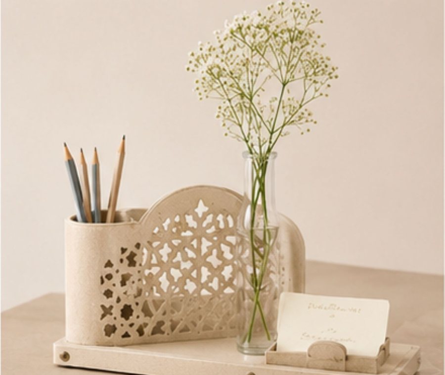 Jaipur Jaali desk organiser in ivory leather with cutwork