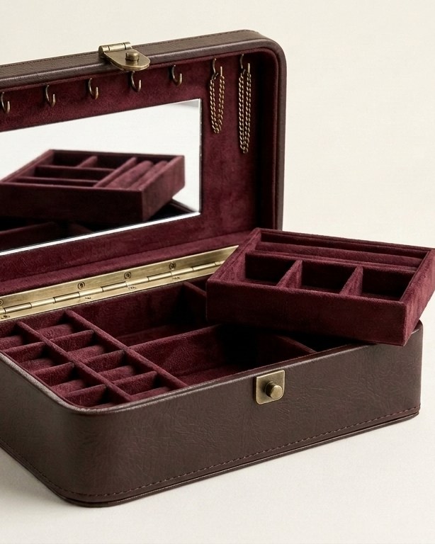 Jaitra jewellery box open, showing burgundy suede interior with mirror, hooks and a lift-out tray