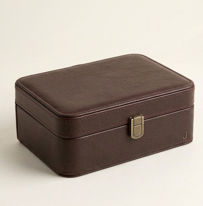 Jaitra jewellery box in espresso leather with brass closure