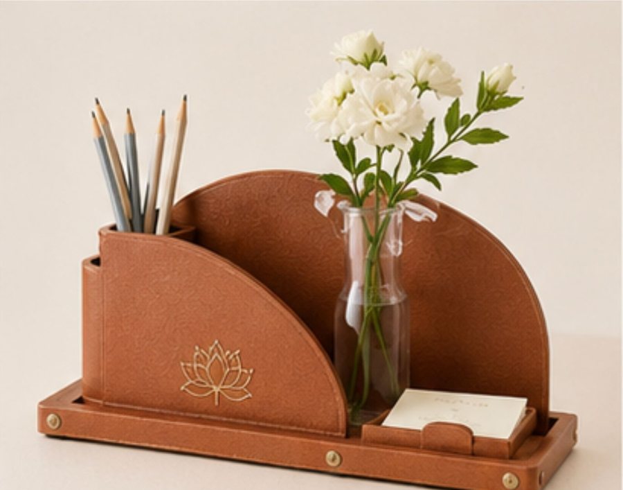 Lotus Lane desk organiser in terracotta leather with lotus motif
