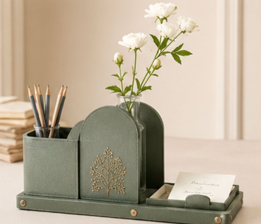 Mughal Arch desk organiser in sage green leather