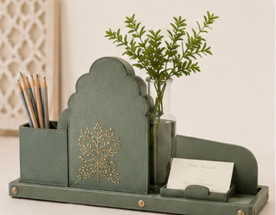 Peacock Courtyard desk organiser in sage green leather