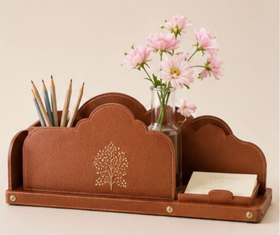 Rajasthani Jaal desk organiser in terracotta leather
