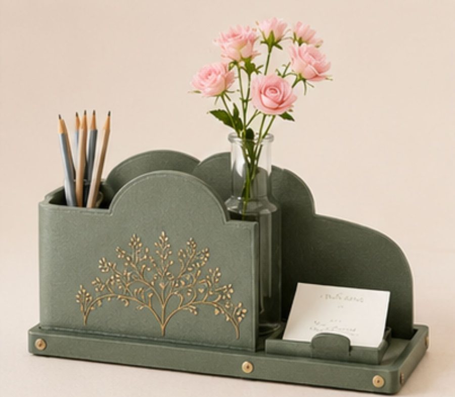 Sheesh Mahal desk organiser in sage green leather